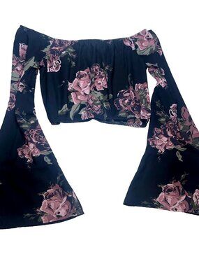 Crop Top Womens M Off Shoulder Ruffle Lace Witchy Bell Sleeve Goth